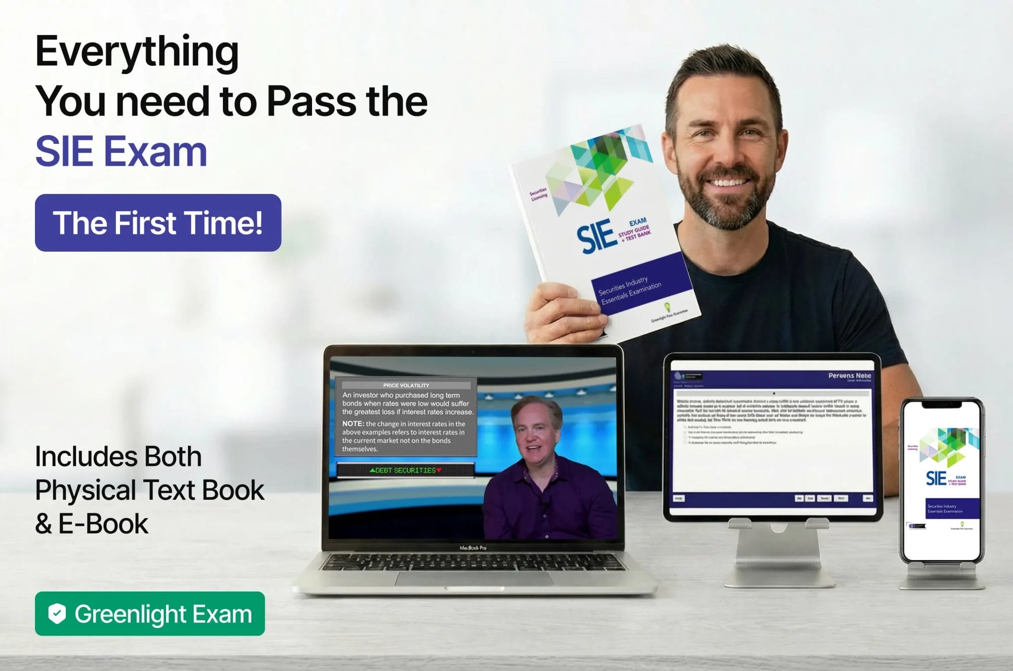 SIE exam training package with textbook, video lessons, practice questions, AI tutoring and core securities fundamentals coverage