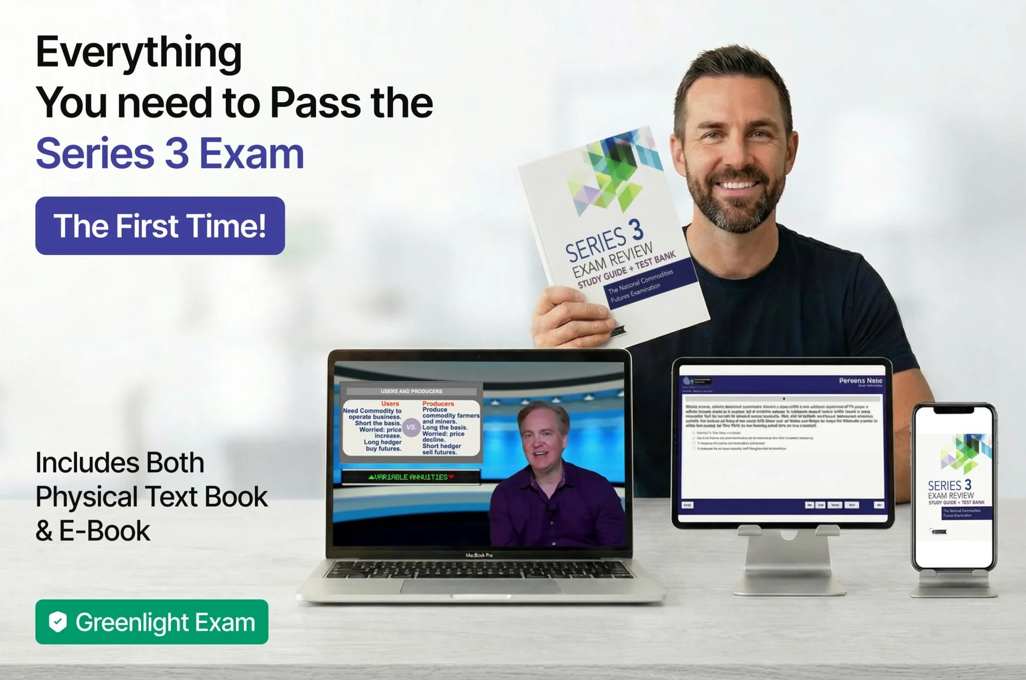 Series 3 futures exam training package with textbook, video lessons, practice exams, AI tutoring and commodities and hedging strategies