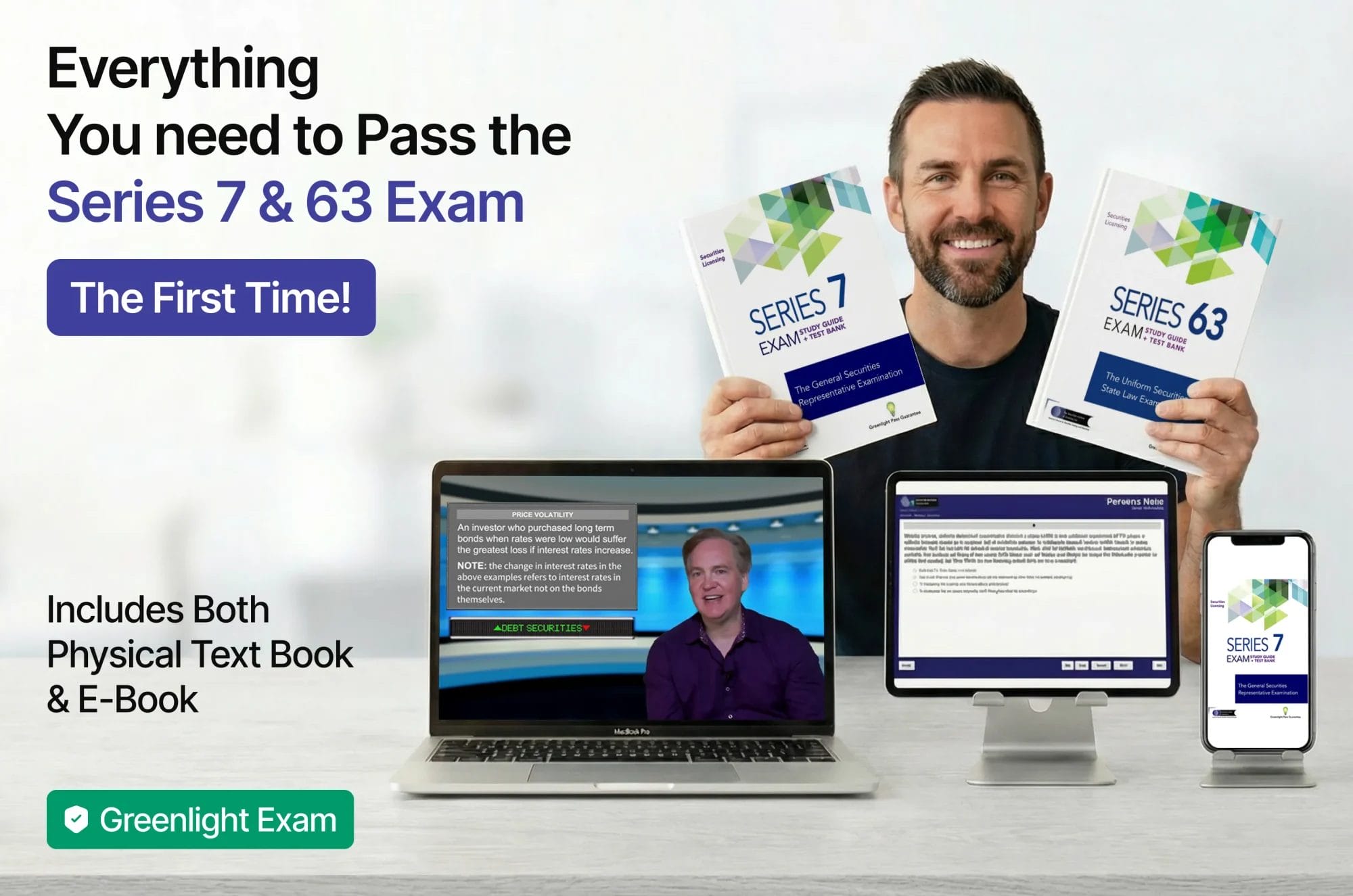 Series 7 and Series 63 exam training package with textbook, video lessons, practice exams, AI tutoring and options, suitability and state securities regulations